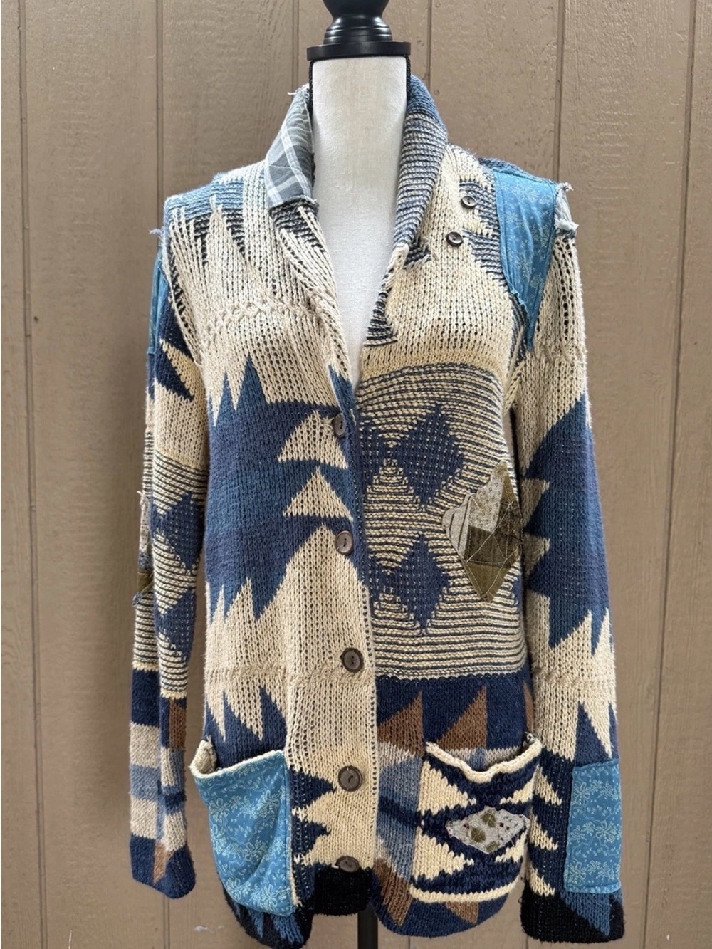 Ralph Lauren Aztec Patchwork Knit Cardigan - Blue/Cream/Brown